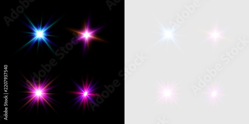 Four bright starburst lights appear on contrasting black and gray backgrounds. Each star has sharp, colorful rays extending outward in symmetrical patterns.
