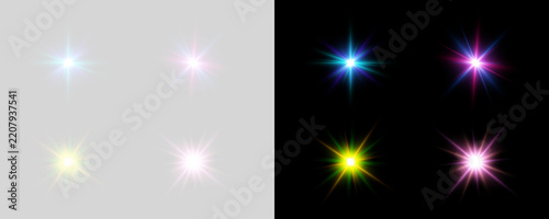 Four starburst light flares feature sharp, radiant beams in various vibrant colors. Each flare displays a smooth gradient with multi-directional rays that soften at the edges.