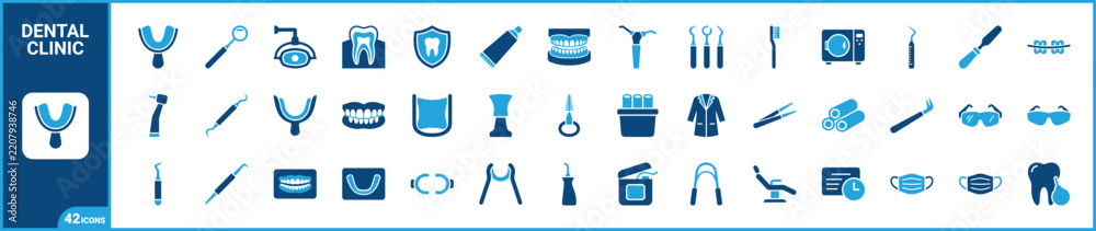 Fototapeta premium Dentistry two-tone icon set. Filled glyph pictograms of dental care, oral surgery, orthodontic clinic, and tooth hygiene elements, blue duotone illustration.