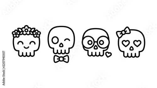 Four cute black and white line skull icons featuring a flower crown, a bow tie, glasses with a heart, and heart shaped eyes with a hair bow