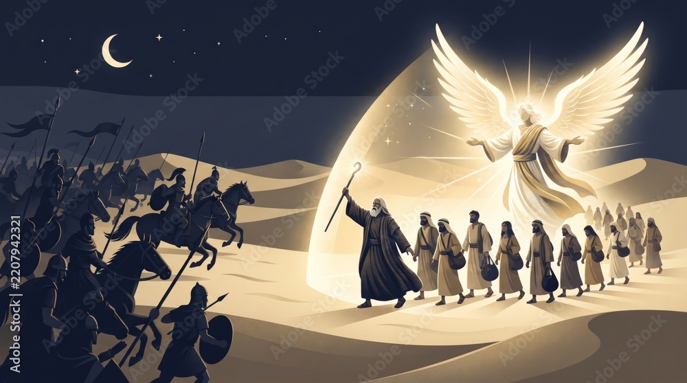 Fototapeta premium Moses leads Israelites through the parted sea as Egyptian chariots pursue. Biblical Exodus story with an angelic figure. Old Testament faith and deliverance. Christian religious illustration