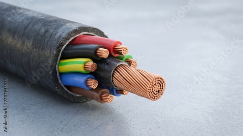 Cutaway electrical cable with bundled copper conductors and color-coded insulated wires. Power transmission and wiring infrastructure. Electrical engineering and energy distribution.