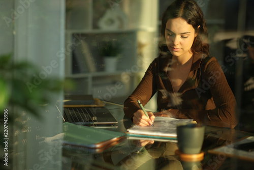 Young telecommuter filling out paper form working at home