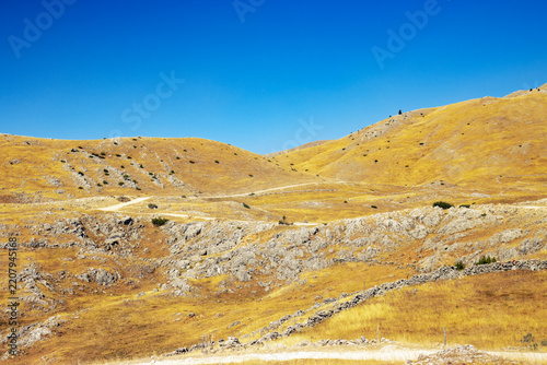 Vast Golden Mountain Plateau and Rural Road on Mountain Bjelasnica, Bosnia and Herzegovina