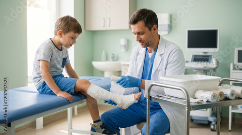 Orthopedic doctor wrapping plaster bandage on boy leg sitting on treatment table. Applying cast for broken leg in children hospital. Fracture treatment for kids