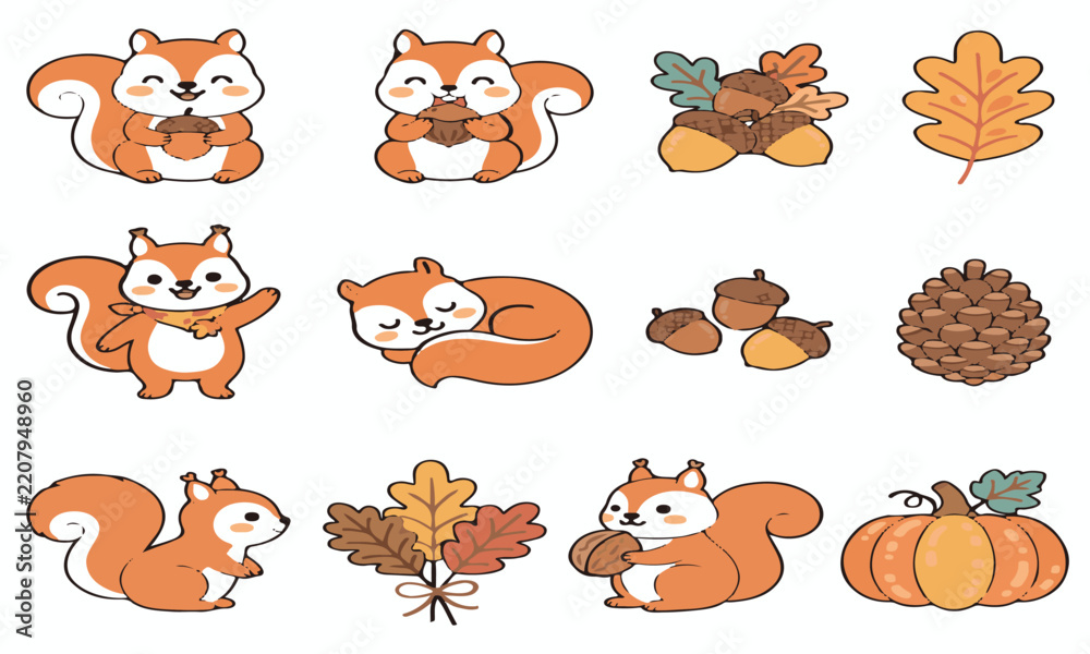 Obraz premium Cute Kawaii Squirrel Autumn Clipart Vector Set With Acorns Pinecone Pumpkin Fall Leaves Walnut And Cozy Seasonal Woodland Elements