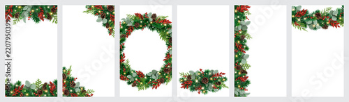 Christmas vertical stories template, gift tag set with wreath, corner frame, garland border, fir branches. Great for winter wedding. Transparent background in vector file.