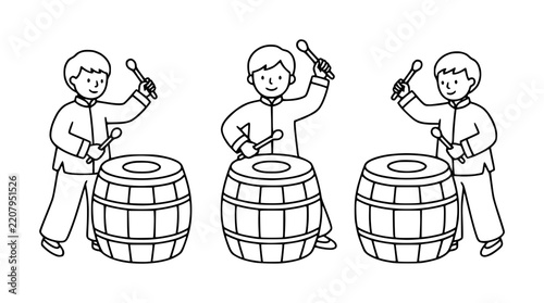 Three people playing traditional drums line art vector illustration