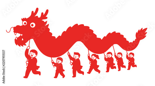 Children performing traditional red dragon dance for celebration