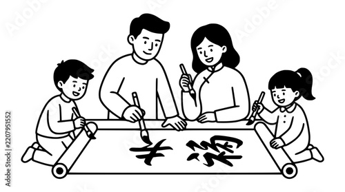 Happy family practicing traditional chinese calligraphy on paper scroll