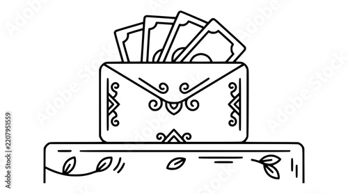 Ornate gift envelope with banknotes line art vector illustration
