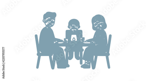 Family sitting at table together in textured silhouette style