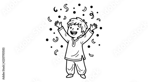 Cheerful boy celebrating with confetti line art illustration