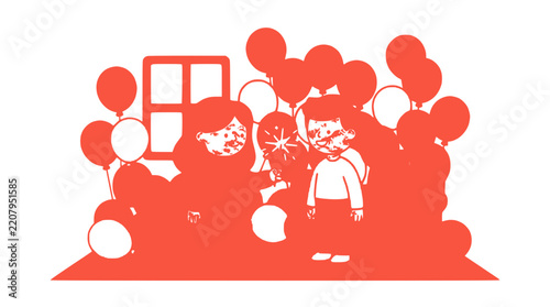 Children celebrating with many balloons at a festive party scene