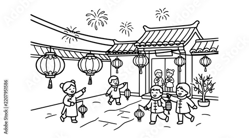 Children celebrating lunar new year with lanterns line art vector