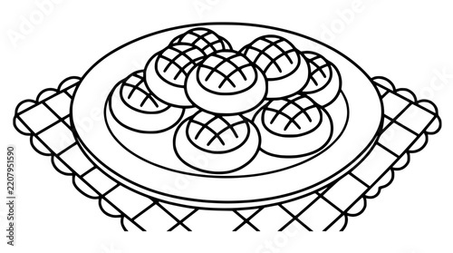 Coloring page featuring sweet bread rolls on a serving plate