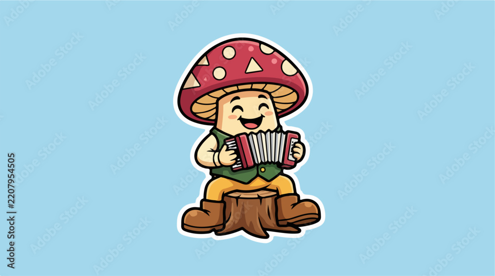 Fototapeta premium Isolated mushroom character playing accordion on a blue background.