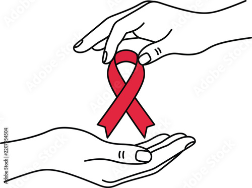 Hands holding red ribbon symbolizing aids awareness and support