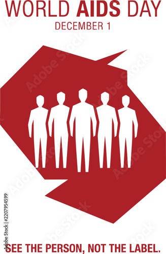 World aids day awareness poster design with red ribbon shape and people silhouettes