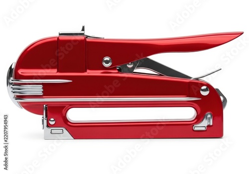 Red retro manual staple gun with chrome details isolated on white background