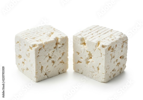 Two cubes of fresh white feta cheese with porous texture isolated on white background