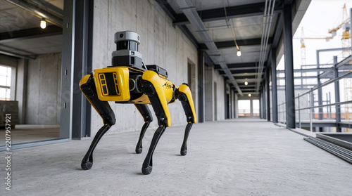 Obraz na płótnie 建設中のビル屋内を自律走行し巡回点検や3Dスキャンを行う四足歩行ロボット 建設DXとスマートインフラによる安全管理や施工管理の自動化を表現した先進的な産業テクノロジーコンセプト