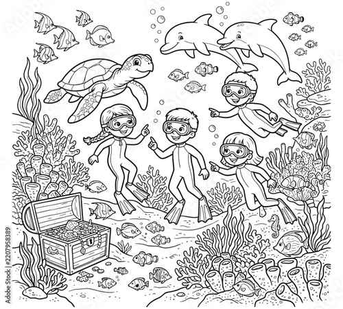 Underwater Ocean Life And Children Swimming Illustration