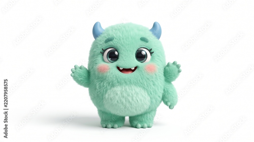 Fototapeta premium Cute mint green baby monster character waving isolated on white background