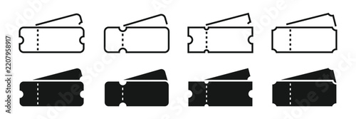 Ticket icon set. Ticket template for coupon, concert, movie, boarding, lottery, airplane etc. Vector illustration.