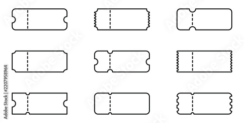 Ticket icon set. Ticket template for coupon, concert, movie, boarding, lottery, airplane etc. Vector illustration.
