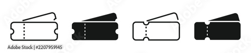 Ticket icon set. Ticket template for coupon, concert, movie, boarding, lottery, airplane etc. Vector illustration.