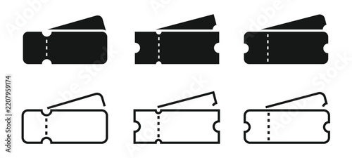 Ticket icon set. Ticket template for coupon, concert, movie, boarding, lottery, airplane etc. Vector illustration.