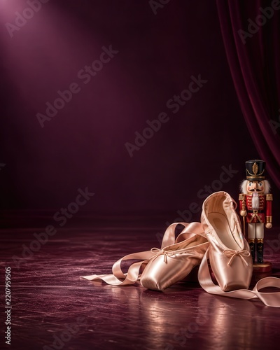 Pale pink ballet pointe shoes and a toy nutcracker rest beside dark curtains on a deep plum stage background with copy space