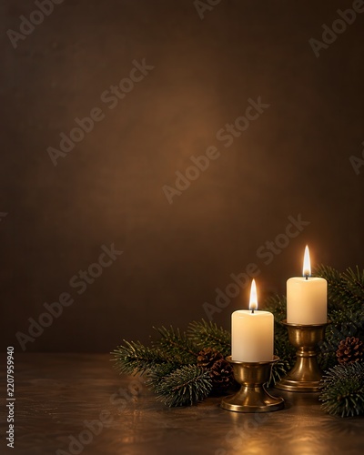 Three glowing candles with evergreen sprigs and gold holders on a dark wooden table against a warm brown holiday background