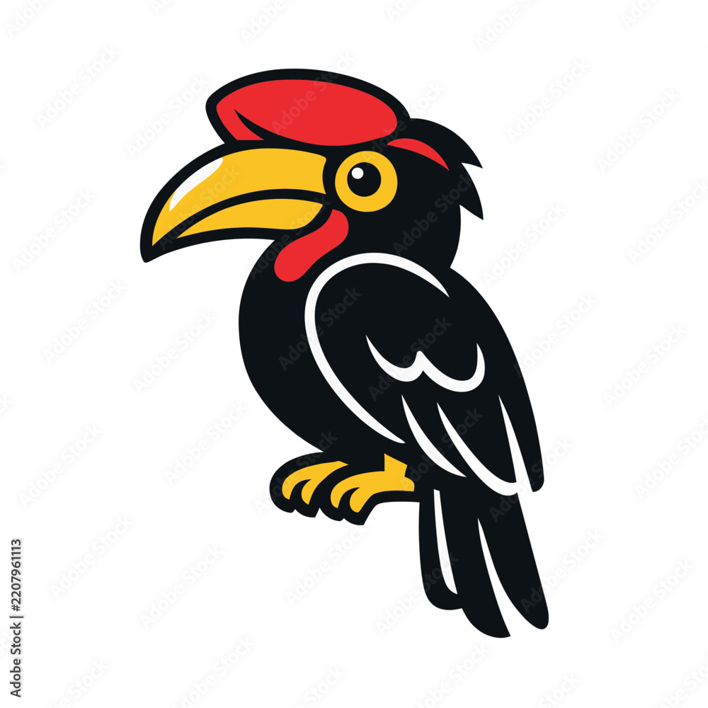 Obraz premium Vibrant Red-Crested Wreathed Hornbill Vector Illustration
