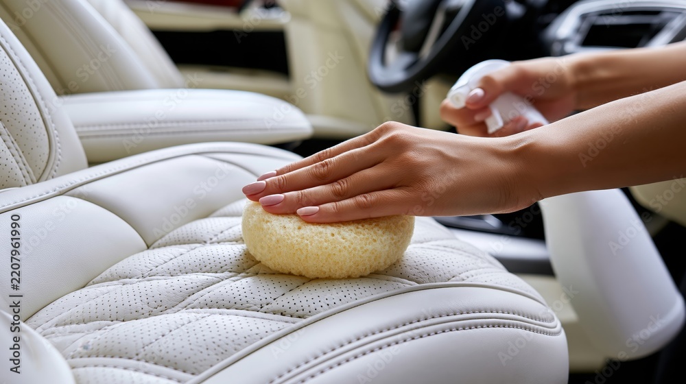Obraz premium Close-up of hands cleaning white leather car seat with sponge and spray, showcasing meticulous.
