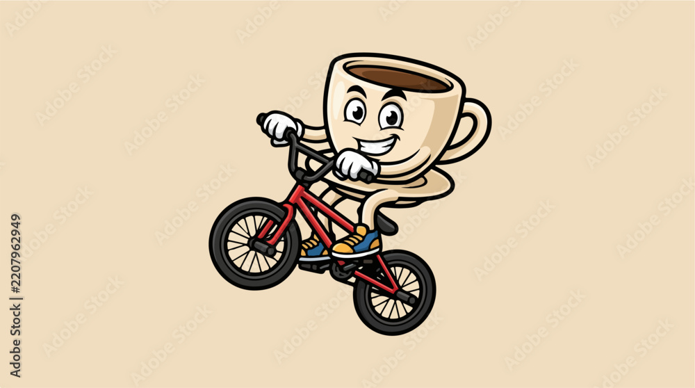 Obraz premium Energetic coffee cup mascot doing wheelie on red BMX bike.