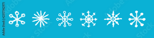 White crayon doodle snowflake shapes. Crayon children hand drawn asterisk star icons. Chalk blue snow flakes. Pencil grunge drawing. Design elements. Vector illustration on blue background.