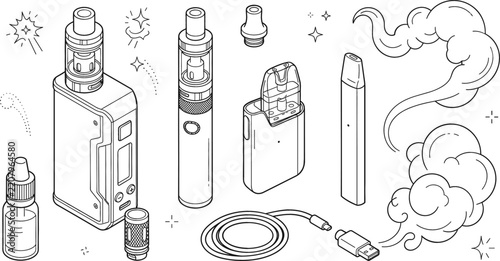 Electronic cigarette vape icon set featuring mod pod pen liquid bottle cloud smoke line art vector illustration collection