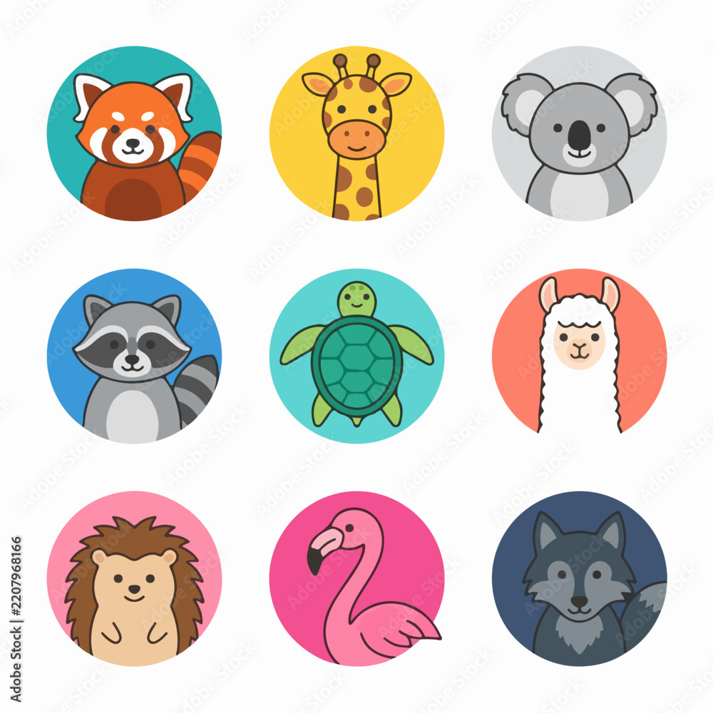 Fototapeta premium Cute exotic animal icons including red panda and flamingo.
