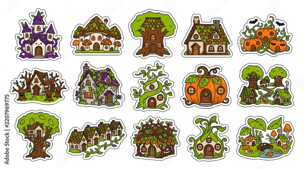 Obraz premium Set of cute magical fairy tale house stickers featuring pumpkin homes tree dwellings and whimsical forest architecture on white background