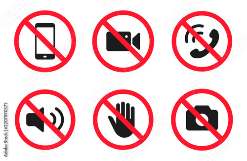 Prohibition signs. No mobile phone, No noise, No photograpfy and video recognition icon. Vector illustration.