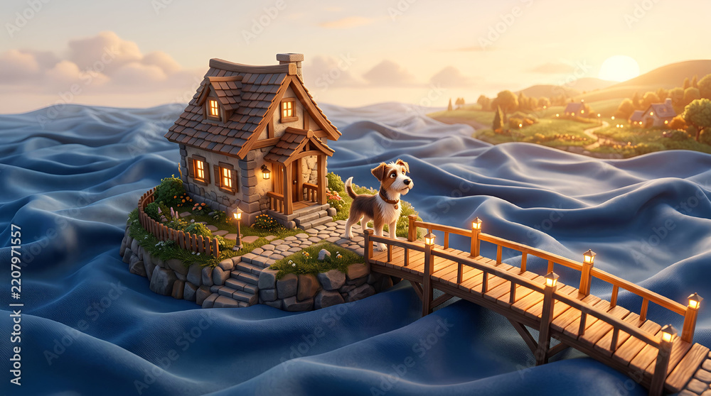 Obraz premium Small Cute Dog Standing on Wooden Bridge beside Cozy Cottage on Blue Fabric Sea