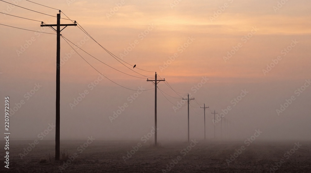 Obraz premium Power lines stretching across a misty field at sunrise.