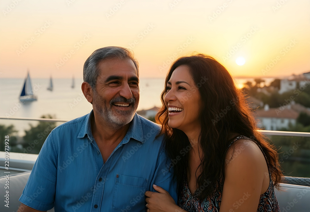 Fototapeta premium Healthy aging and retirement lifestyle, happy senior couple enjoying sunset on a balcony with ocean view and sailboats during a summer vacation trip