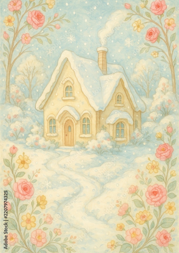 Obraz premium Whimsical snowy cottage scene