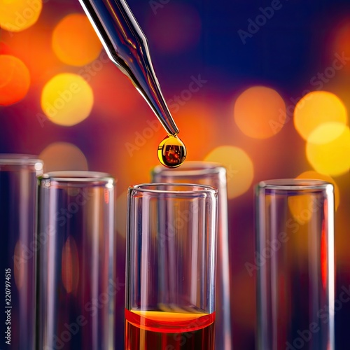 A close-up view of a drop of liquid falling from a pipette into a test tube.