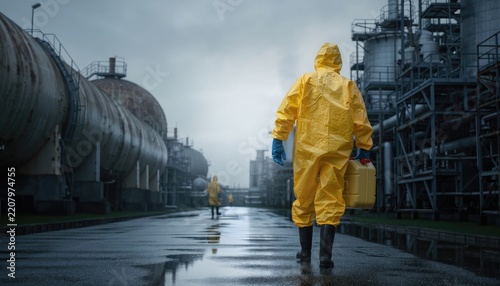 A hazmat worker walks through an industrial complex on a wet day.