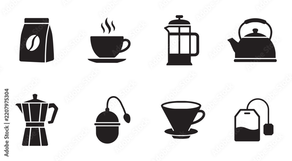 Obraz premium Coffee and Tea Icons: Brew Methods, Hot Drinks, and Accessories Vector Set