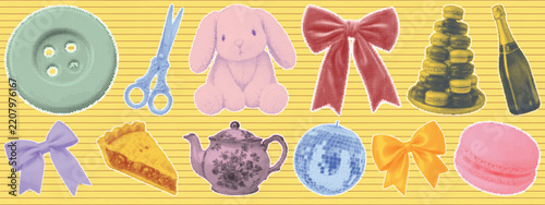 Halftone coquette sticker kit on yellow lined paper, party bow, teapot, macaron, bunny, disco ball, pie, champagne and scissors in pastel collage style